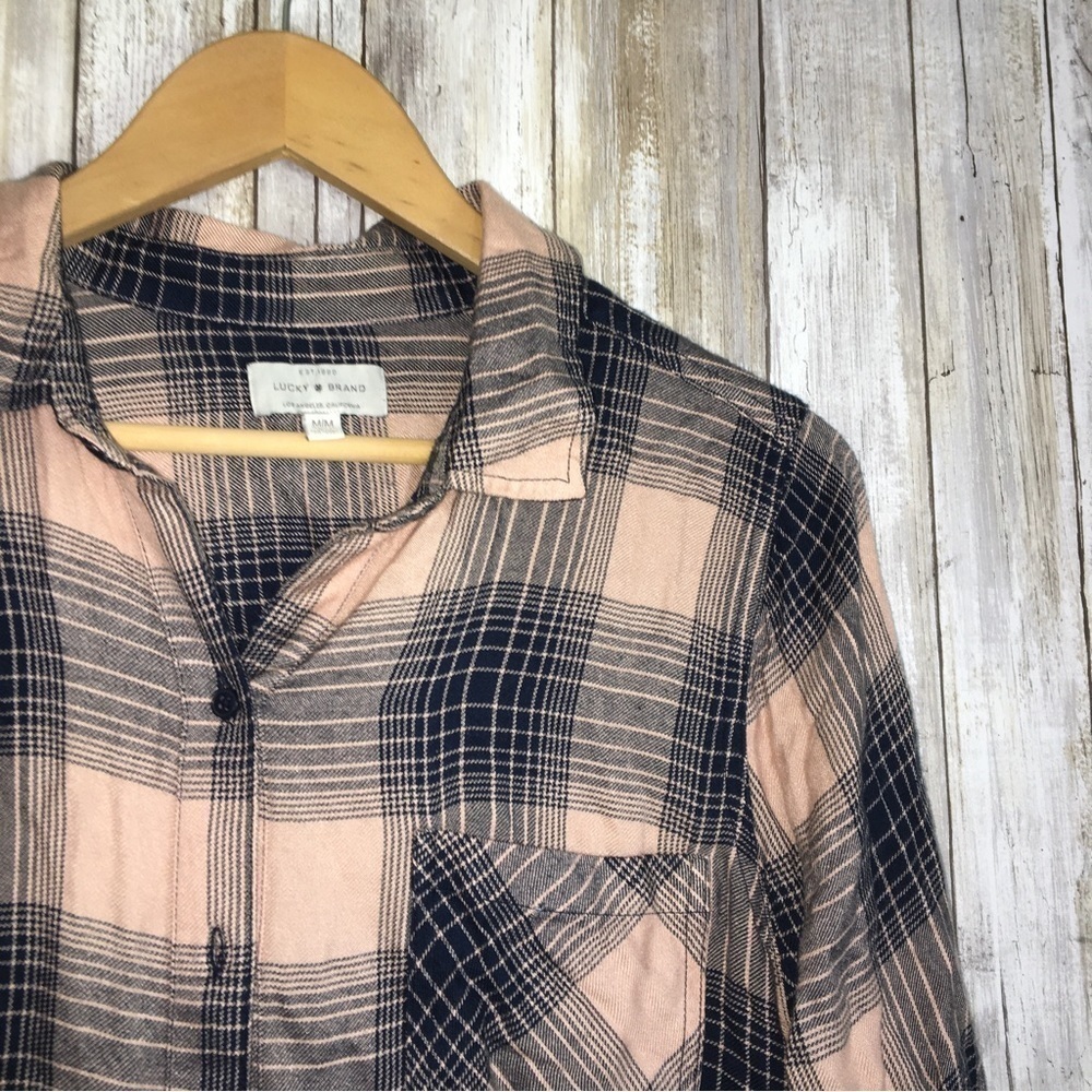 Lucky Brand Soft Modal Plaid Button Down Shirt Peach Blue Medium - Picture 2 of 5
